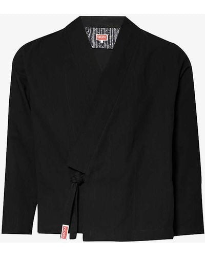 KENZO Kimono Brand-appliqué Cotton And Linen-blend Jacket - Black