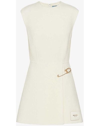 Prada Safety-pin Washed Wool-blend Twill Mini Dress - White