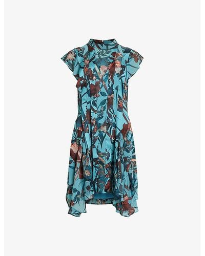 AllSaints Fleur Floral-print Cap-sleeve Recycled-polyester Mini Dress - Blue