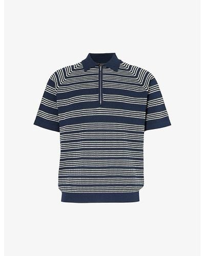 Beams Plus Vy Zip Stripe-pattern Cotton Knitted Polo Shirt - Blue
