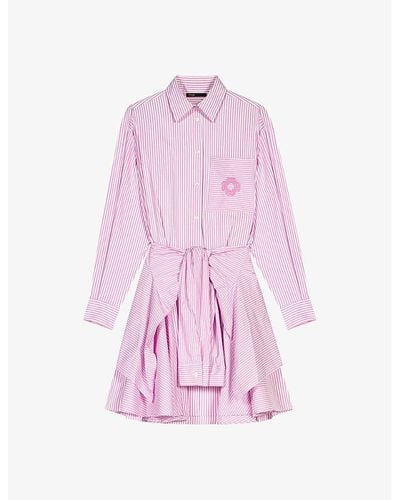 Maje Clover-embroidered Striped Stretch-cotton Mini Shirt Dress - Pink
