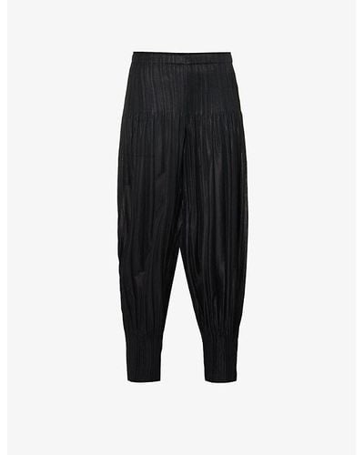 Pleats Please Issey Miyake Pleated Cropped High-rise Knitted Jersey Pants - Black