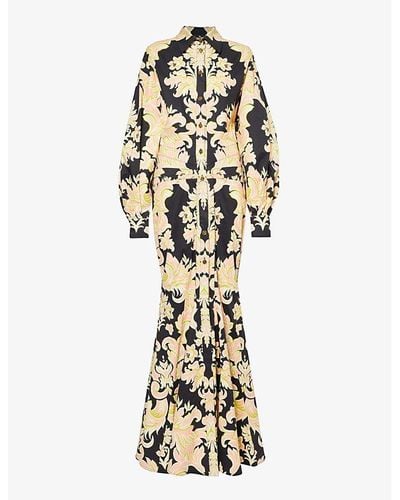 Etro Gown Floral-print Stretch-cotton Maxi Dress - Metallic