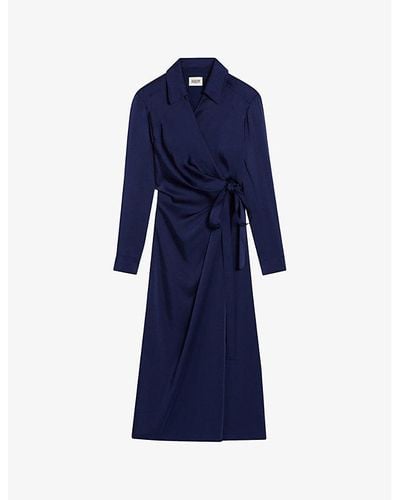 Claudie Pierlot Collared Belted Woven Midi Dress - Blue