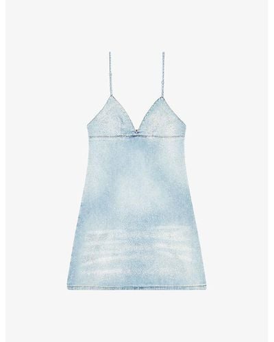DIESEL De-ver S Crystal-embellished Bleach-effect Denim Mini Dress - Blue
