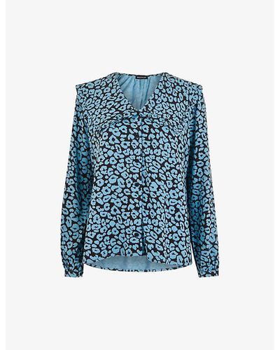 Whistles Fuzzy Leopard-print Oversized-collar Woven Top - Blue