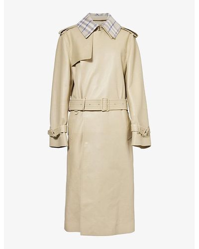 Burberry Check-collar Double-breasted Regular-fit Leather Trench Coat - Natural