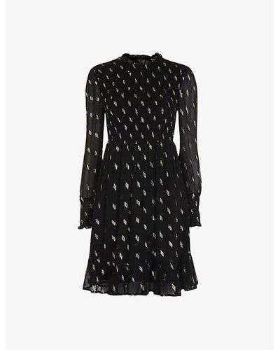 Whistles Dobby Shirred Metallic-motif Embroidered Woven Mini Dress - Black