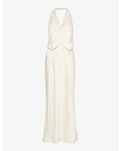 RIXO London Estella Waistcoat Silk Maxi Dress - White