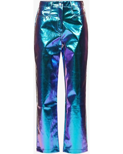 Amy Lynn Metallic Wide-leg High-rise Faux-leather Trouser - Blue
