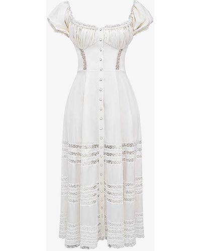 House Of Cb Eviana Bodice-top Lace-embellished Silk Midi Dres - White