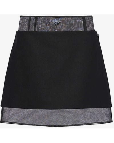 Prada Semi-sheer Brand-plaque Wool Mini Skirt - Black