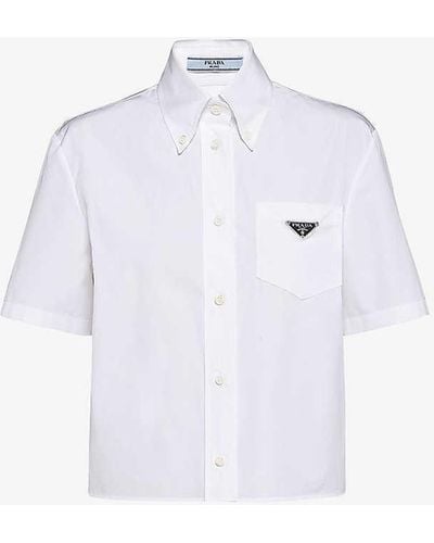 Prada Logo-plaque Cropped Cotton Shirt - White