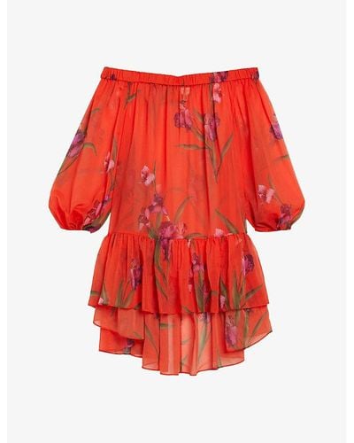 Ted Baker Ariizon Floral-print Off-shoulder Woven Cover-up - Red