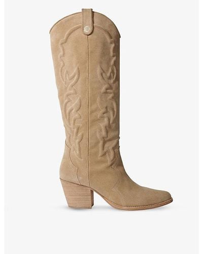 Maje Western-embroidered Block-heel Suede Knee-high Boots - Brown