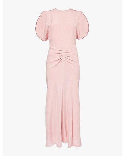 Victoria Beckham Fluid-sleeve Ruched-waist Crepe Midi Dress - Pink