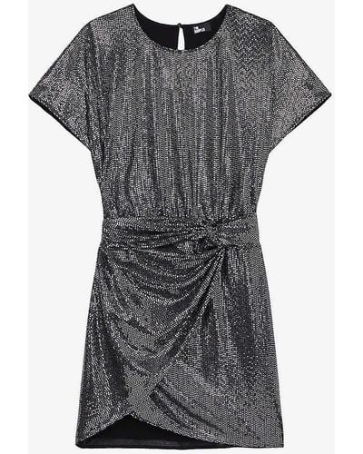 The Kooples Knotted Draped Stretch Sequin-embellished Mini Dress X - Grey