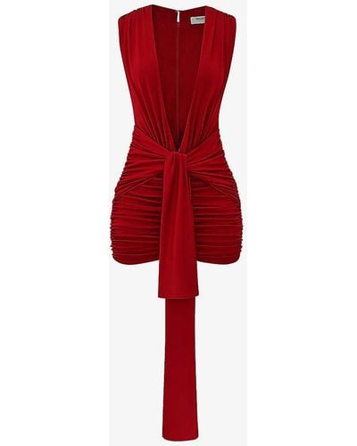 House Of Cb Aliza Wrapped-belt Stretch-woven Mini Dress - Red