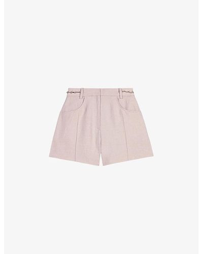 Maje Curb-chain High-rise Linen And Cotton-blend Shorts - Pink
