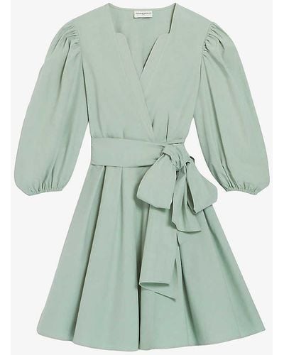 Claudie Pierlot Wrap-front Puff-sleeve Cotton Mini Dress - Green