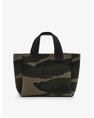 AllSaints Izzy Mini Camouflage-print Knitted Recycled-polyester Tote Bag - Black