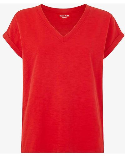 Whistles Willa V-neck Cap-sleeve Organic-cotton T-shirt - Red