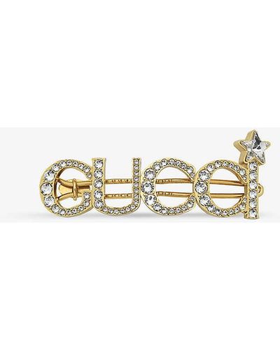 Gucci Logo Crystal-embellished Brass Hair Clip - Metallic