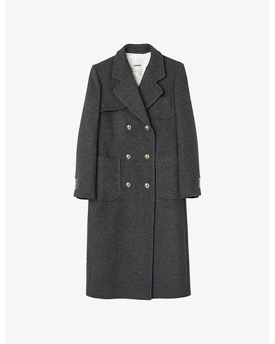 Wool Blend Tailored Coat - Black and Ivory Herringbone