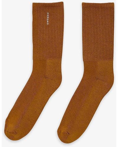 Sandro Logo-embroidered Ribbed Stretch-cotton Ankle Socks - Brown