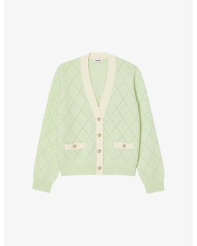 Sandro Contrast-trim Pointelle-stitch Knitted Cardigan - Green