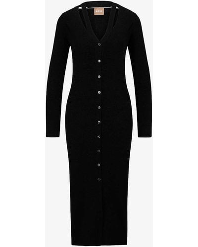 BOSS V-neck Button-front Knitted Midi Dress X - Black