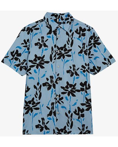 Ted Baker Verzee Floral-print Regular-fit Lyocell, Cotton And Linen Shirt - Blue