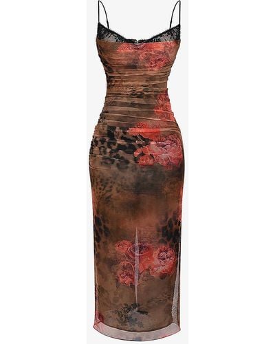 House Of Cb Nalini Floral And Leopard-print Stretch-mesh Midi Dress - Red