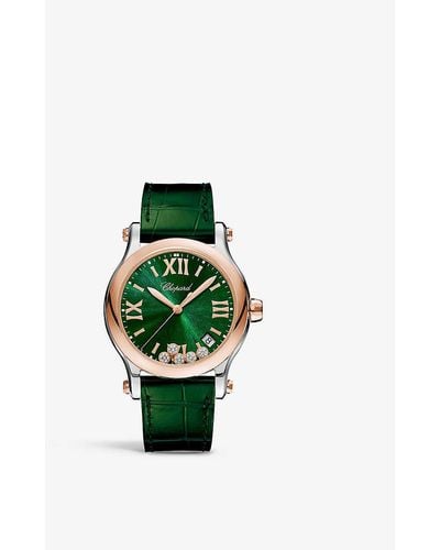 Chopard 278582-6005 Happy Sport 18ct Rose Gold, Stainless-steel And 0.24ct Diamond Quartz Watch - Green