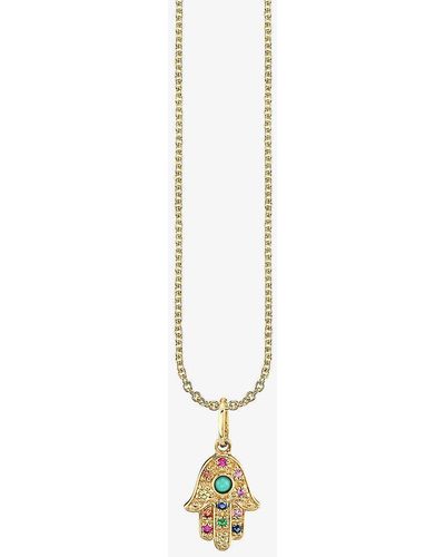 Sydney Evan Rainbow Hamsa 14ct Yellow-gold Sapphire, Ruby, Amethyst, Emerald And Turquoise Pendant Necklace - White