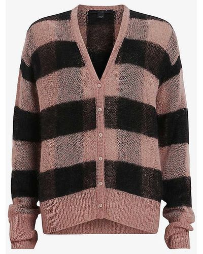 AllSaints Renee V-neck Checked Wool And Mohair-blend Cardigan - Black
