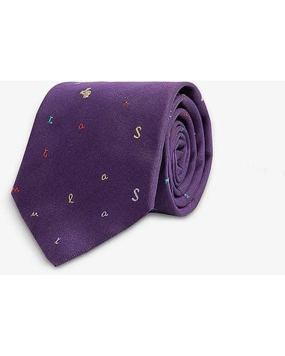 Paul Smith Rabbit-embroidered Wide-blade Silk Tie - Purple