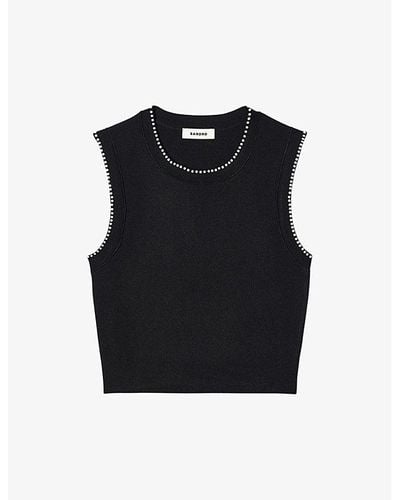 Sandro Faux Pearl-embellished Sleeveless Stretch-woven Sweater - Black