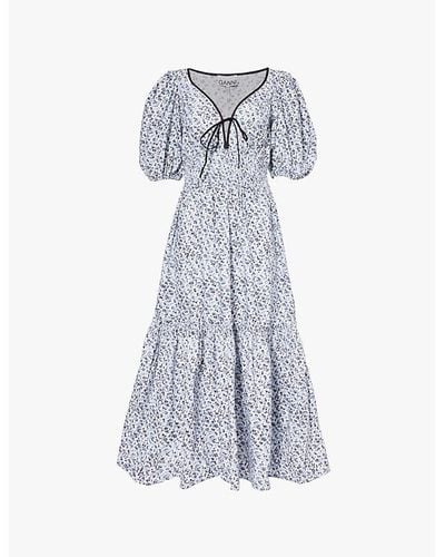 Ganni Floral-print V-neck Organic-cotton Maxi Dress - Blue