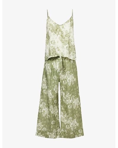Desmond & Dempsey Floral-print Wide-leg Linen Pajama Set - Green