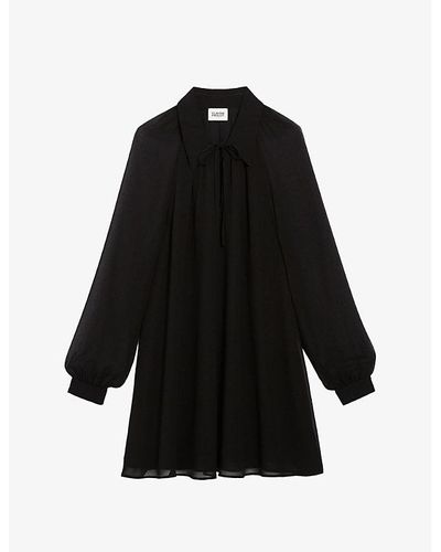 Claudie Pierlot Resty Tie-collar Sheer-sleeve Woven Mini Dress - Black