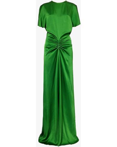 Victoria Beckham Round-neck Ruched Satin Maxi Dress - Green