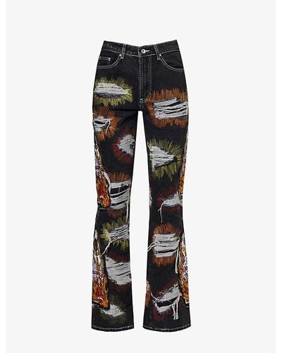 Who Decides War Faded-wash Graphic-print Regular-fit Straight-leg Jeans - Black
