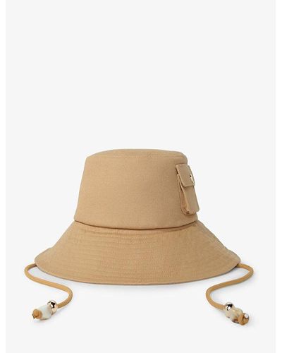 Maje Oversized-visor Beaded-drawstring Cotton Bucket Hat - Natural