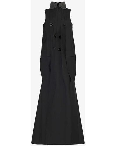 Sacai High-neck Double-breasted Woven Maxi Dress - Black