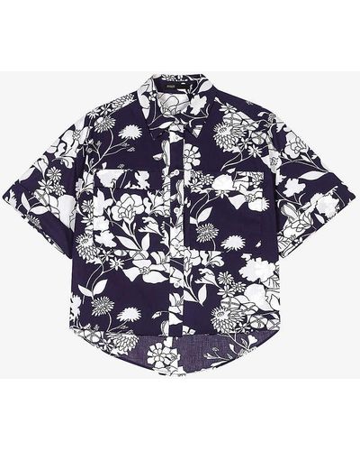 Maje Floral-print Cropped Cotton Shirt - Blue