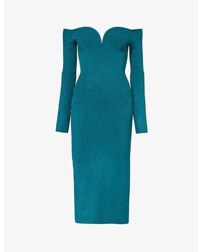 Galvan London Grace Off-the-shoulder Sweetheart-neck Knitted Midi Dress - Blue