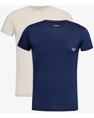 Emporio Armani Logo-embroidered Pack Of Two Stretch-jersey T-shirt - Blue