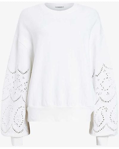 AllSaints Agata Embroidered-sleeve Relaxed-fit Cotton Sweatshirt Xx - White
