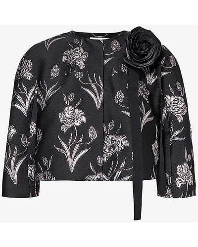 Erdem Floral-pattern Cropped Woven Jacket - Black